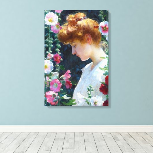 Hollyhocks en Sunlight Charles Curran Canvas Afdruk (Insitu (Houten vloer))