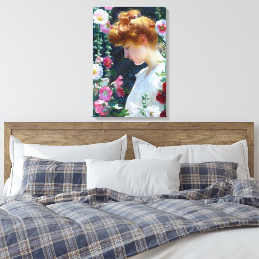 Hollyhocks en Sunlight Charles Curran Canvas Afdruk (Insitu (Slaapkamer))