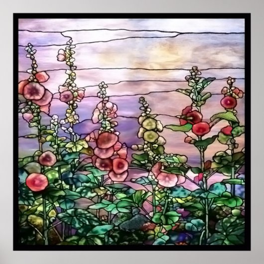 Hollyhocks  Floral Tiffany Glas in lood Poster (Voorkant)
