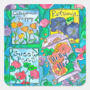 Hollyhocks Waterverf Flowers Vierkante Sticker