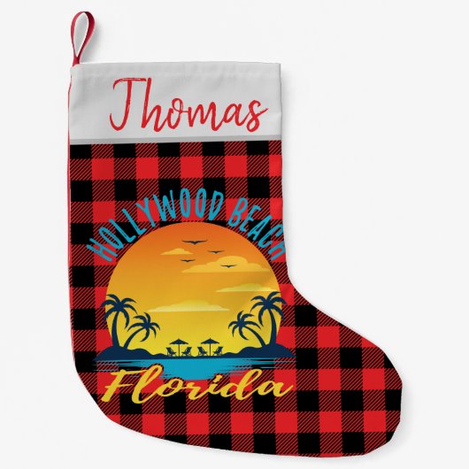Hollywood Beach Florida Retro Sunset Red Plaid Kleine Kerstsok (Voorkant)