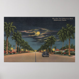 Hollywood, FL - Moonlight Uitzicht over Hollywood Poster