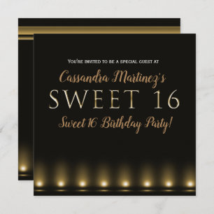 Hollywood Lights Gold Typography Sweet 16 Party Kaart