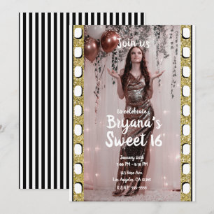 Hollywood Movie Gold Glitter Film Sweet 16 Party Kaart