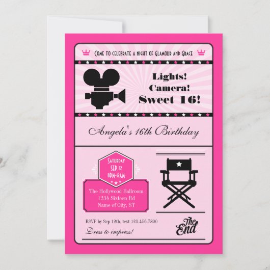 Hollywood Movie Sweet 16 Invitation (Devant)