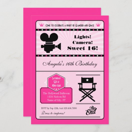 Hollywood Movie Sweet 16 Invitation (Devant / Derrière)