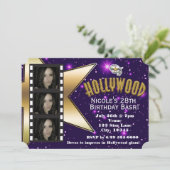 Hollywood Paarse Stars 3 foto verjaardagsuitnodigi Kaart (Staand voorkant)