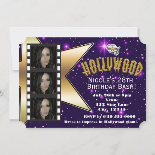 Hollywood Purple Stars 3 Photo Invitation Annivers (Devant)