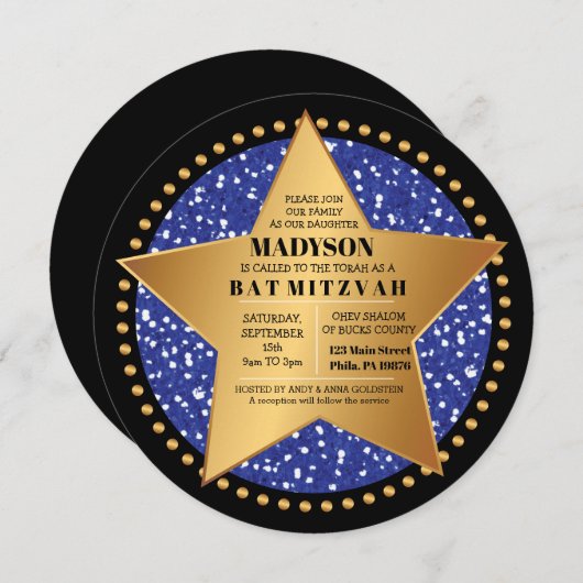 HOLLYWOOD STAR Blue Bar Bat mitzvah Invitation (Devant / Derrière)