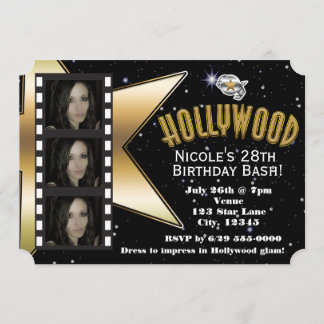 Hollywood Zwart & Goud 3 Foto Verjaardagsuitnodigi Kaart