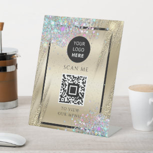 Holo Glitter Business QR Code Logo Metallic Gold Reclamebord Met Voetstuk
