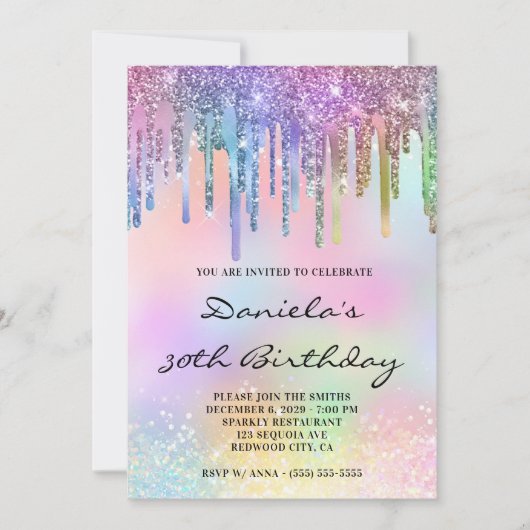 Holo Glitter Regenboog Drips 30e Verjaardag Kaart (Voorkant)