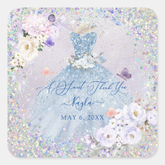 Holografisch Confetti Sweet 16 Dusty Blue Gown Vierkante Sticker