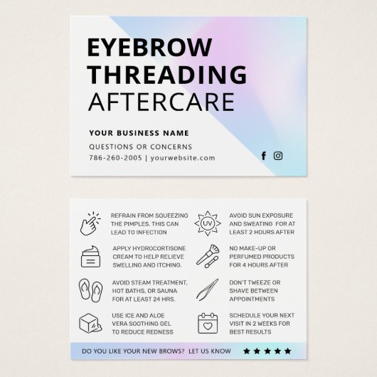 Holografisch Eyebrow Threading Aftercare Kaart (Voorkant /achterkant)
