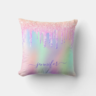 Holografisch glitter regenboogmonogram roze vonk kussen