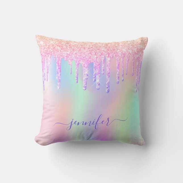 Holografisch glitter regenboogmonogram roze vonk kussen (Voorkant)