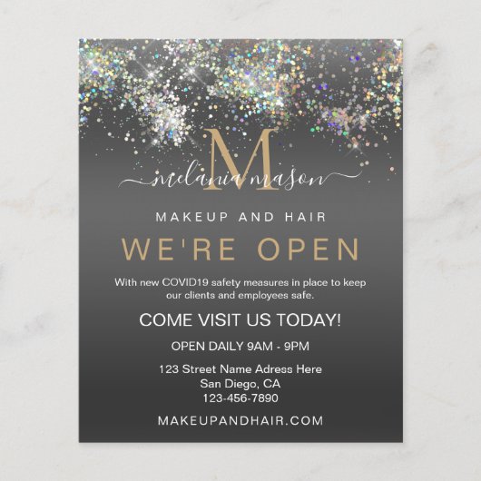 Holografisch glitter We zijn Open Salon Black Eleg Flyer (Voorkant)