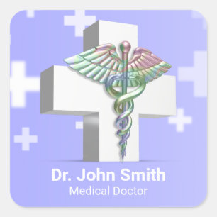 Holografisch Medisch 3D Caduceus White Cross Vierkante Sticker