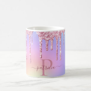 Holografisch roze glitter druist elegant monogram koffiemok