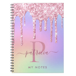 Holografisch roze glitter druist elegant monogram notitieboek
