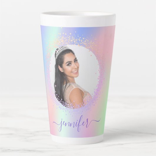 Holografisch roze paars naamscript latte mok (Voorkant)