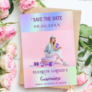 Holografisch roze paarse fotoscript Quinceanera Save The Date