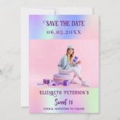 Holografisch roze paarse fotoscript Sweet 16 Save The Date (Voorkant)