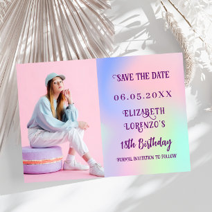 Holografisch roze paarse fotoscript verjaardag save the date