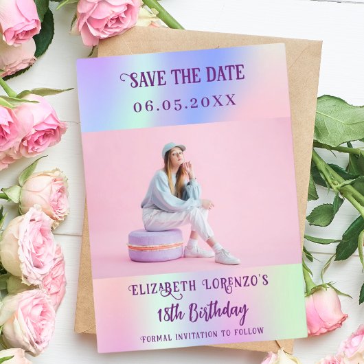 Holografisch roze paarse fotoscript verjaardag save the date