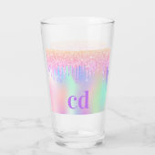 Holografisch roze paarse glitter druppelt monogram glas (Achterkant)