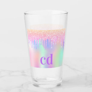 Holografisch roze paarse glitter druppelt monogram glas