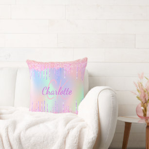 Holografisch roze paarse glitter druppelt monogram kussen