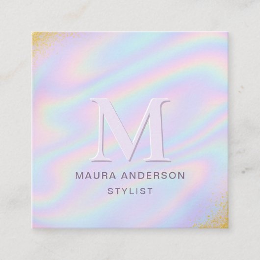 Holografisch Roze Paarse Moderne Monogram Elegant Vierkante Visitekaartje (Voorkant)