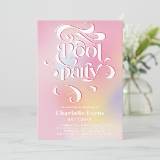 Holografisch roze poolpartij script zwemt op 16 pu kaart (Staand voorkant)