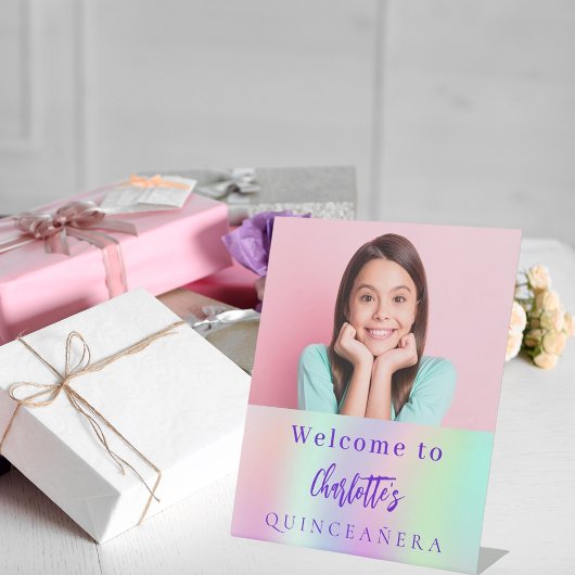 Holografische aangepaste foto Quinceanera feest we Reclamebord Met Voetstuk