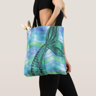 Holografische Blauwgroen mermaid Tail Waves Fun Ch Draagtas