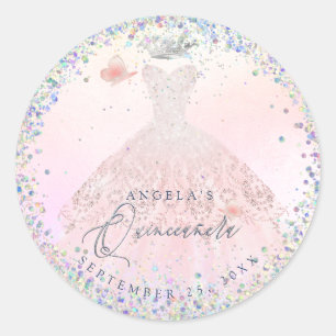 Holografische Confetti Quinceanera Blush Pink Gown Ronde Sticker