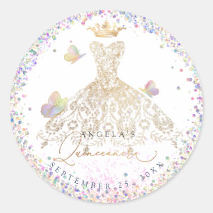 Holografische Confetti Quinceanera White Gold Gown Ronde Sticker