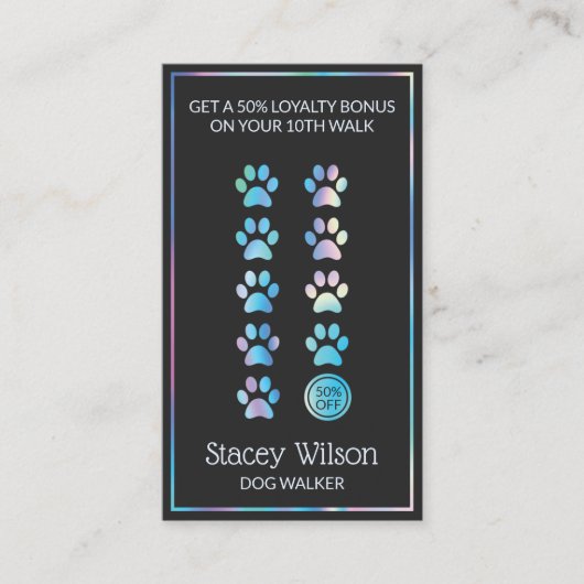 Holografische en houtskool poot print hond groomer visitekaartje (Voorkant)