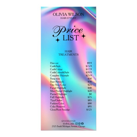 Holografische estheticus prijslijst Menu (Voorkant)