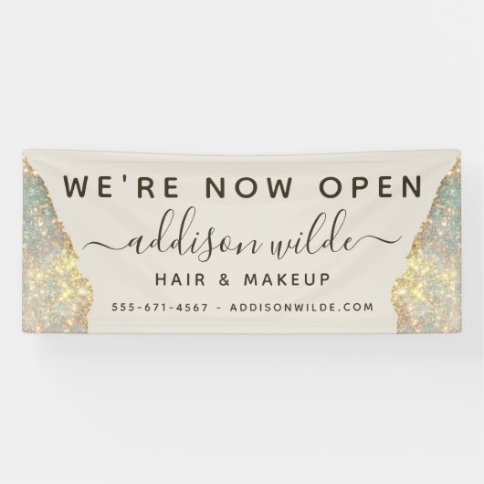 Holografische Glam Glitter Salon Openen Spandoek (Horizontaal)