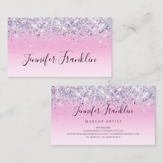 Holografische Glitter Make-up Artiest Script Roze Visitekaartje (Voorkant / Achterkant)