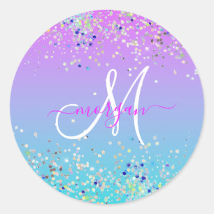 Holografische Glitter Paarse Blauw Ombre Monogram Ronde Sticker