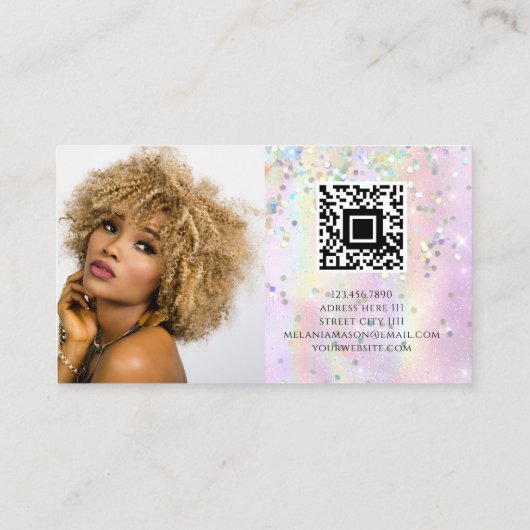 Holografische Glitter QR Code Glanzende Roze Schoo Visitekaartje (Achterkant)