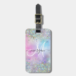 Holografische Glitter Regenboog Pastels Monogram Bagagelabel