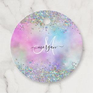 Holografische Glitter Regenboog Pastels Monogram Bedankjes Labels