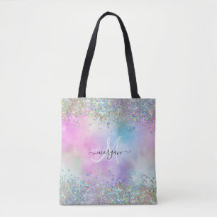Holografische Glitter Regenboog Pastels Monogram Draagtas