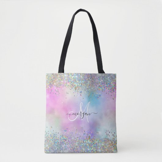 Holografische Glitter Regenboog Pastels Monogram Draagtas (Voorkant)