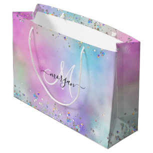 Holografische Glitter Regenboog Pastels Monogram Groot Cadeauzakje