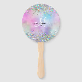 Holografische Glitter Regenboog Pastels Monogram Handwaaier